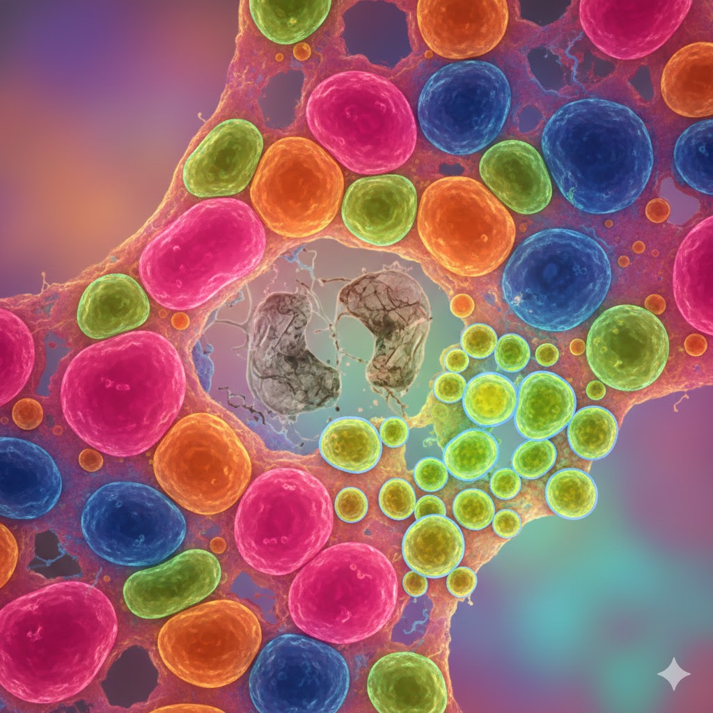 TINAP symboliseret ved en figur med celler i forskellige pastelfarver, hvor et par døde celler ligger i midten.