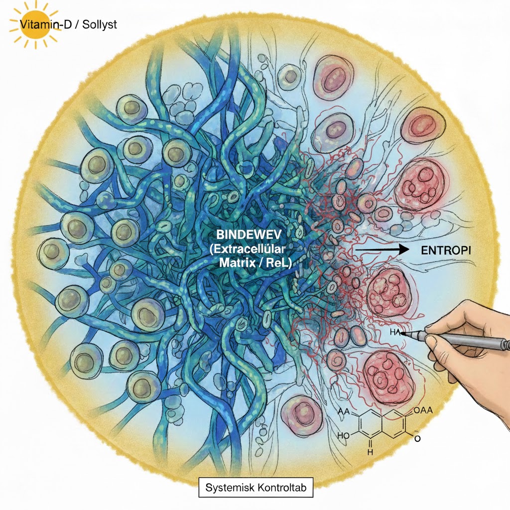 TINAP symboliseret ved tegning af celleindhold fra en petriskål, hvor celler forsøger at penetrere bindevæv.
