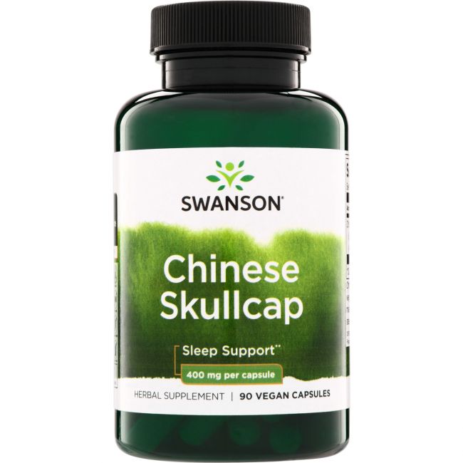 Scutellaria barbata symboliseret ved en grøn pilleglas fra Swanson med påskriften Chinese Skullcap