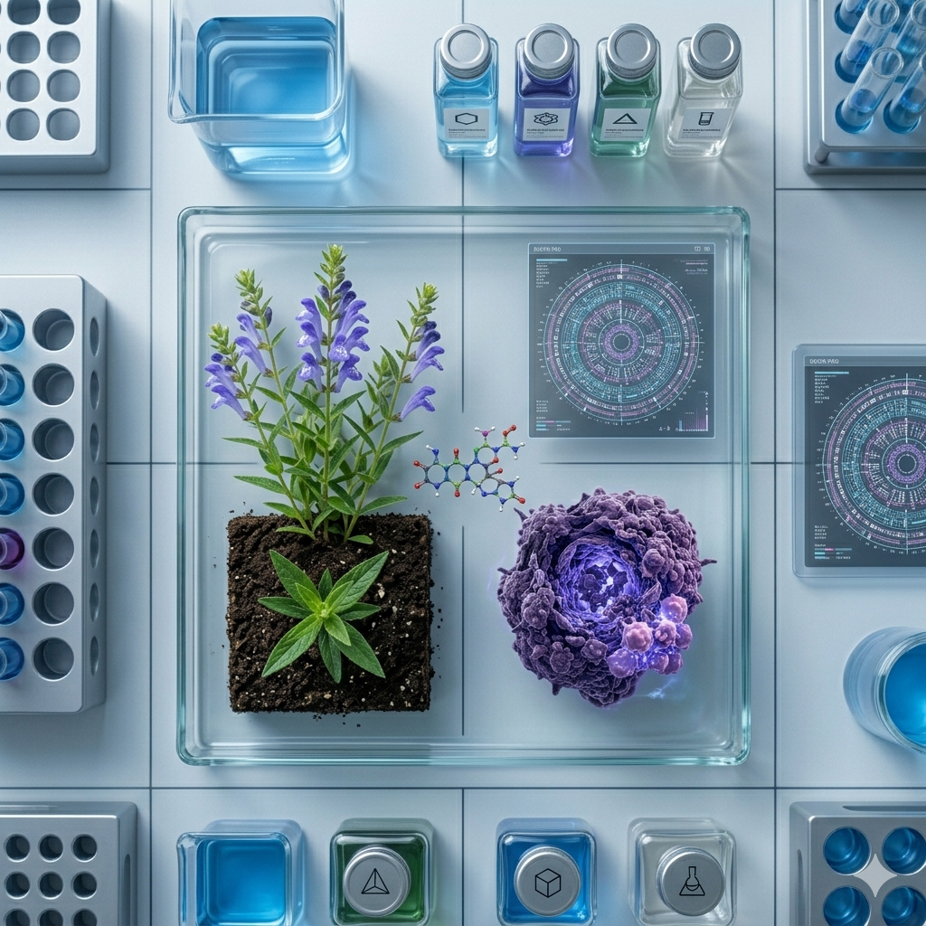 Scutellaria barbata symboliseret ved petriskål, planter mm i et laboratoriemiljø