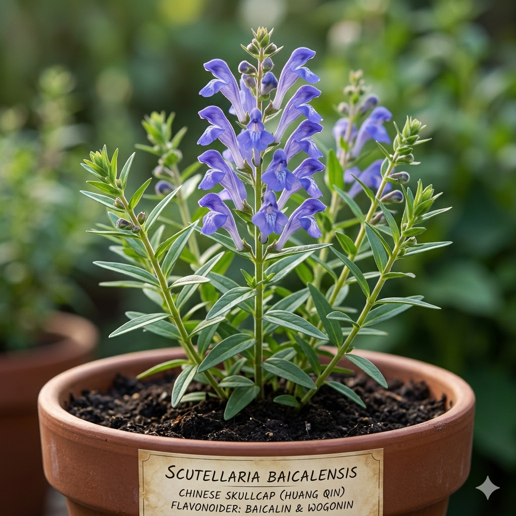 Scutellaria barbata symboliseret ved en potteplante i blomst med planten.