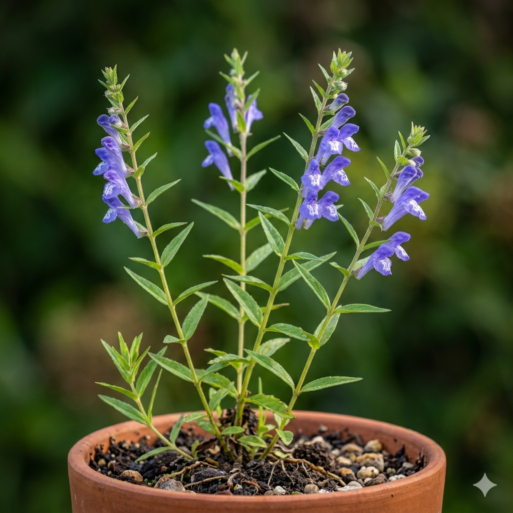 Scutellaria barbata symboliseret ved en potteplante med arten - lilla blomster