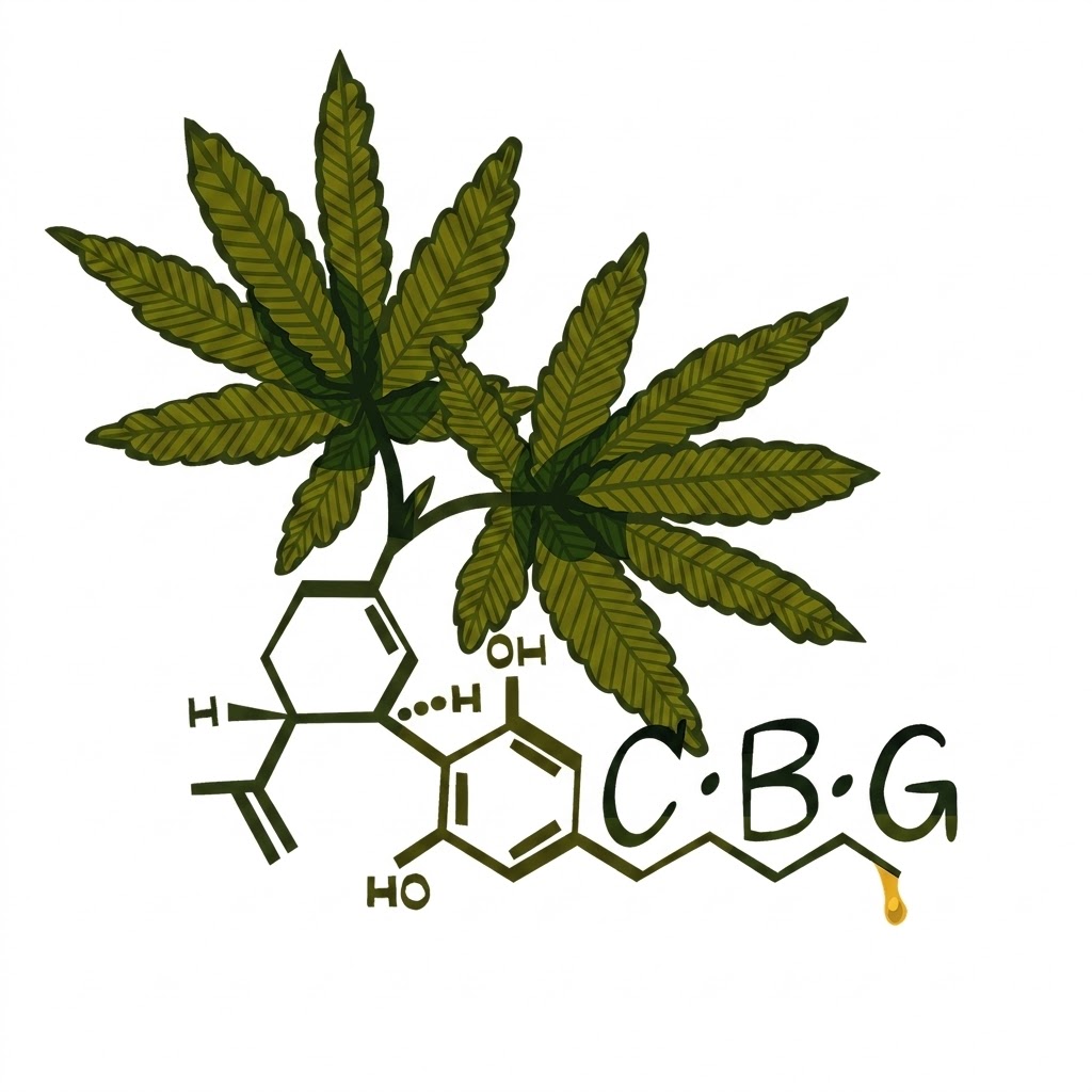 CBG symboliseret ved et par tegnede blade fra cannabis og molekylestrukturen og formlen.