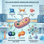 Redox signalmolekyler symboliseret ved farvet tegning af molekyler.