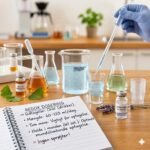 Redox signalmolekyler symboliseret ved et laboratoriemiljø med en notesblok og nogle bægerglas med farvet væske.