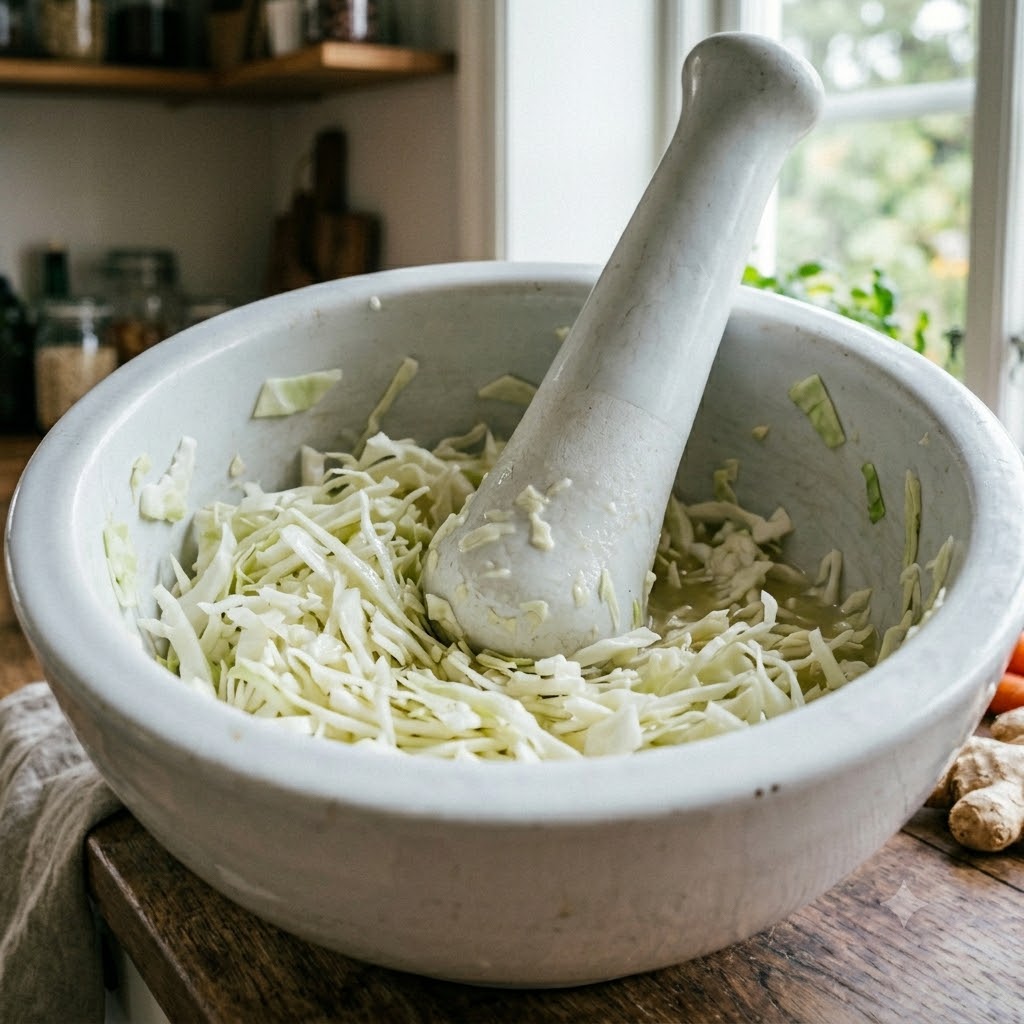 Fermenterede fødevarer symboliseret ved en hvid porcelænsmorter fyldt med snittet hvidkål og en pestil til at knuse dette.
