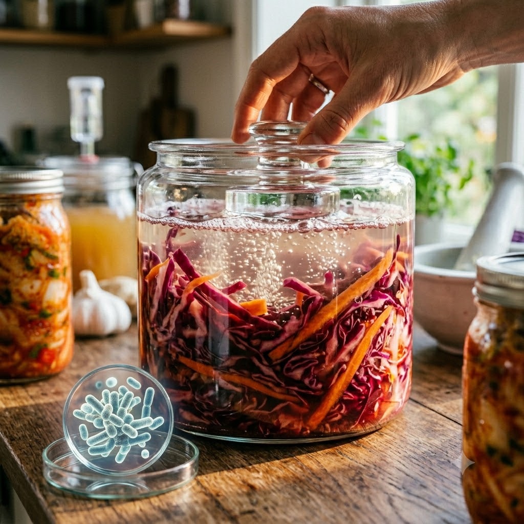 Fermenterede fødevarer symboliseret ved klare bøtter med forskellig farvet kål. Og en lille petriskål med symbolske kapsler i klart.