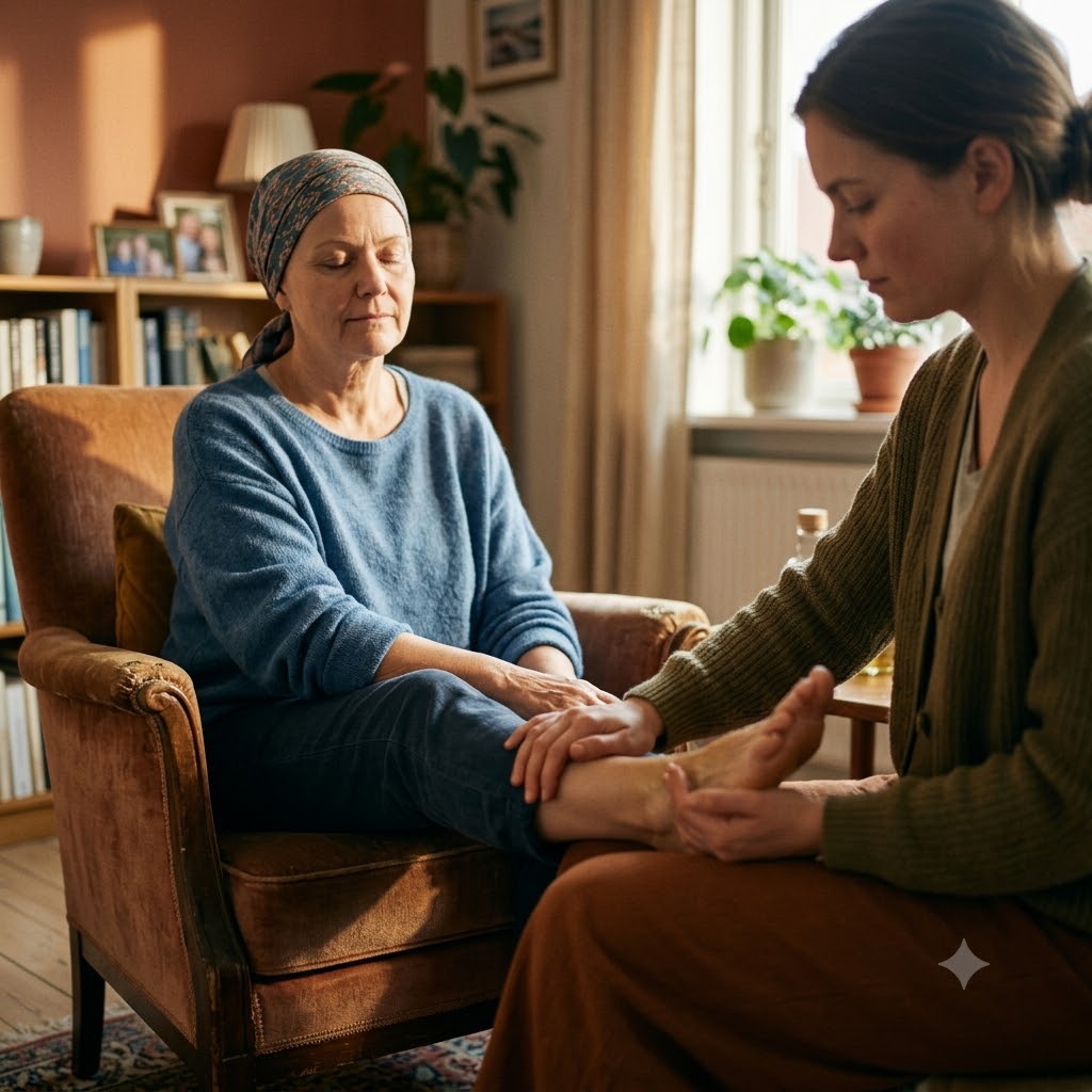 Massage og kræft symboliseret ved to kvinder, hvor den ene masserer den andens fod, der hviler på hendes knæ.