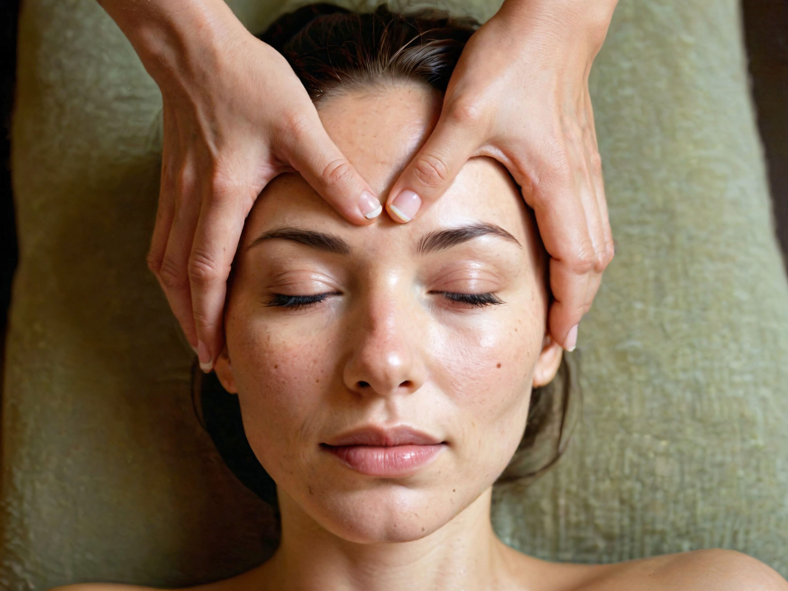 Massage og kræft symboliseret ved et kvindeansigt der modtager massage fra to hænder.