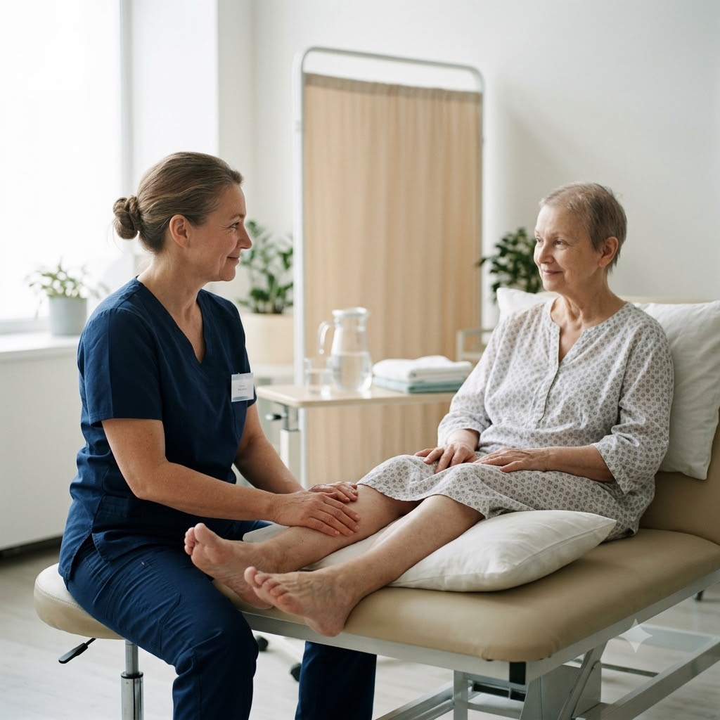 Massage og kræft symboliseret ved en kvindelig patient der får masseret benene.