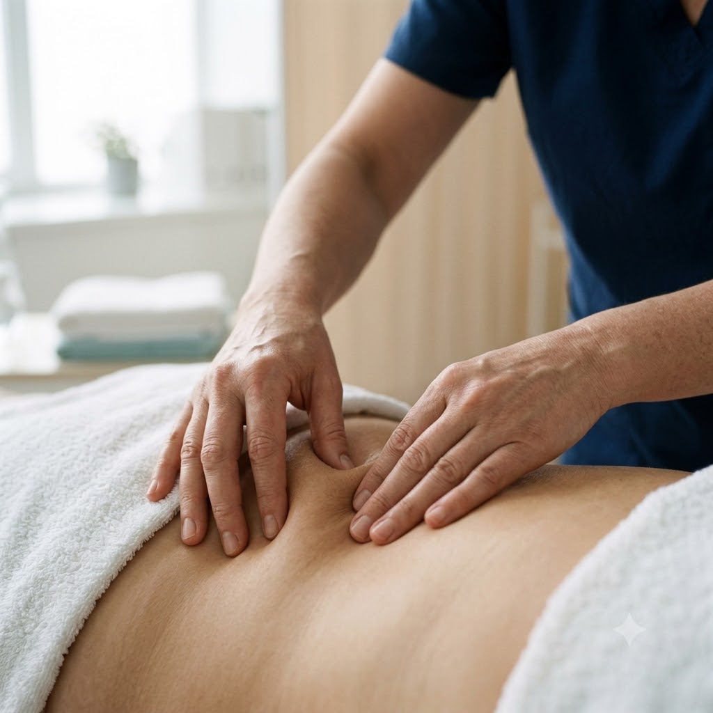 Massage og kræft symboliseret ved en ryg, der bliver masseret af et sæt hænder.