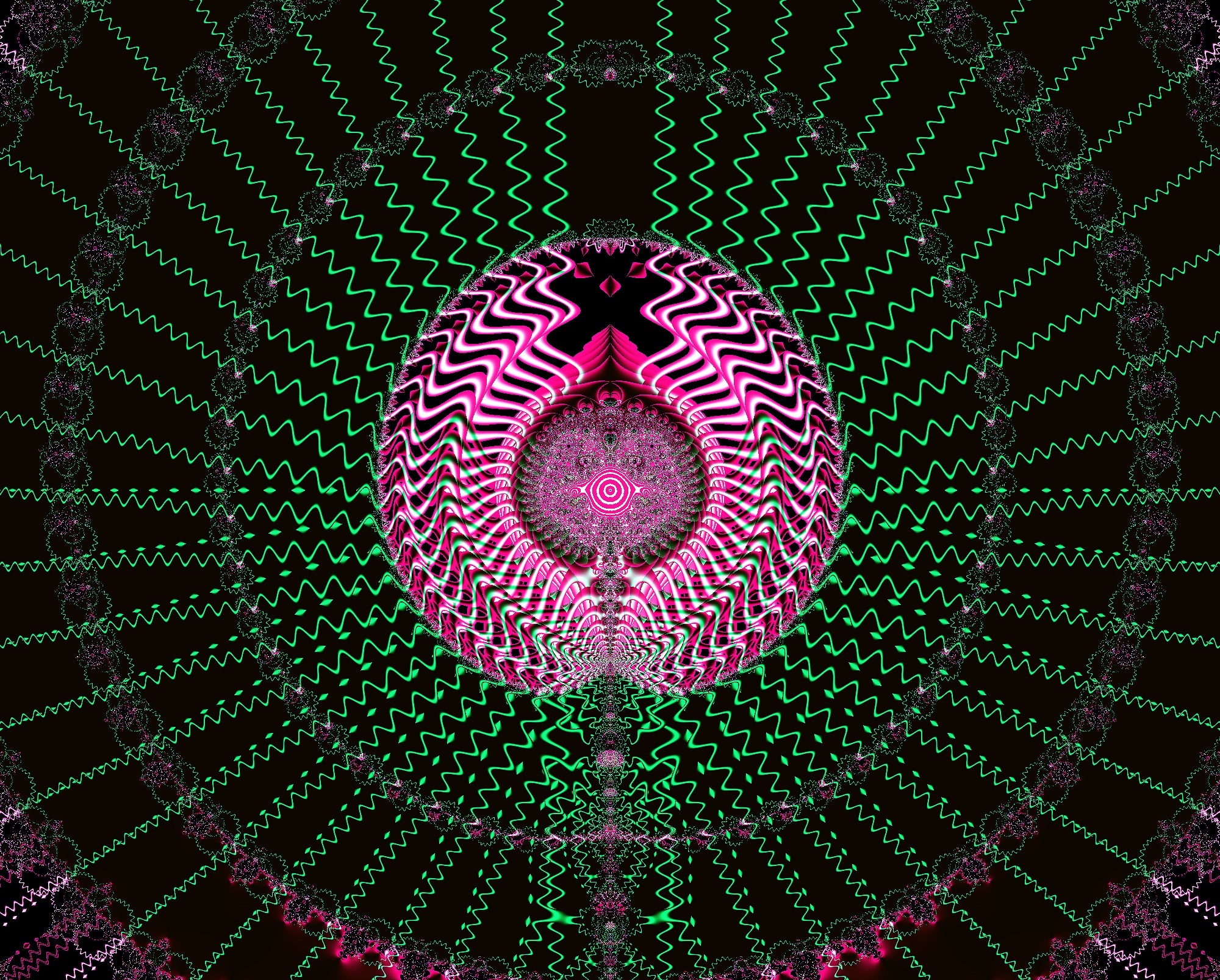 Psykadeliske stoffer og kræft symboliseret ved figur i rosa med grønlige arme og sort baggrund.