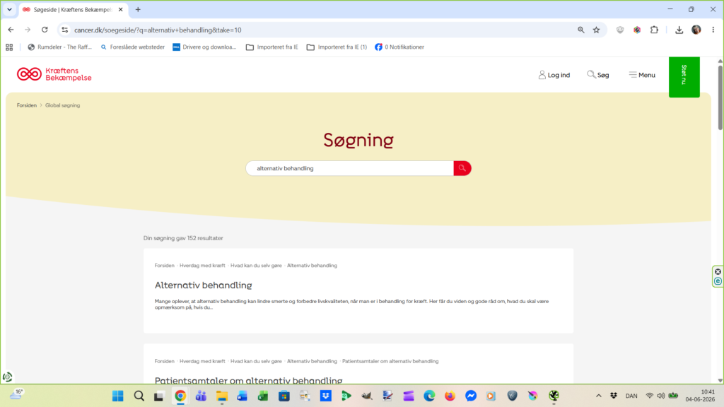 Printscreen á 04.06.26. Kræftens Bekæmpelse. Cancer.dk