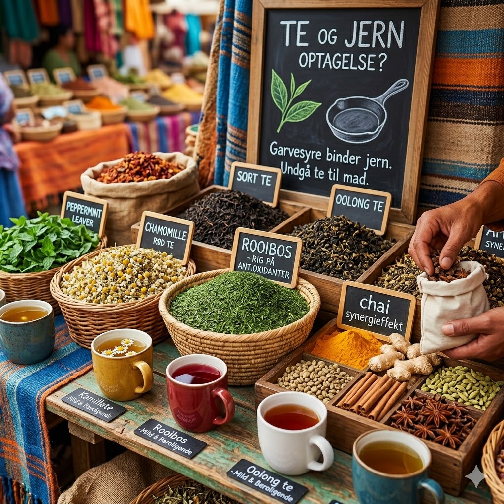 Te og kaffe symboliseret ved et marked med te i skåle og kopper.