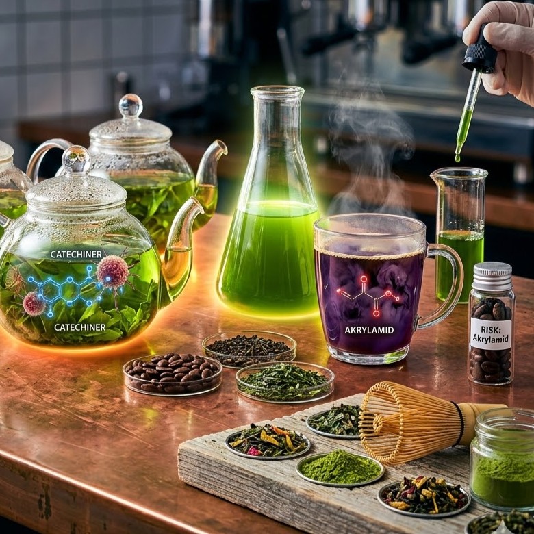 Te og kaffe symboliseret ved glaskander med te, kolber med grøn væske og forskellige tesorter i petriskåle i forgrunden.