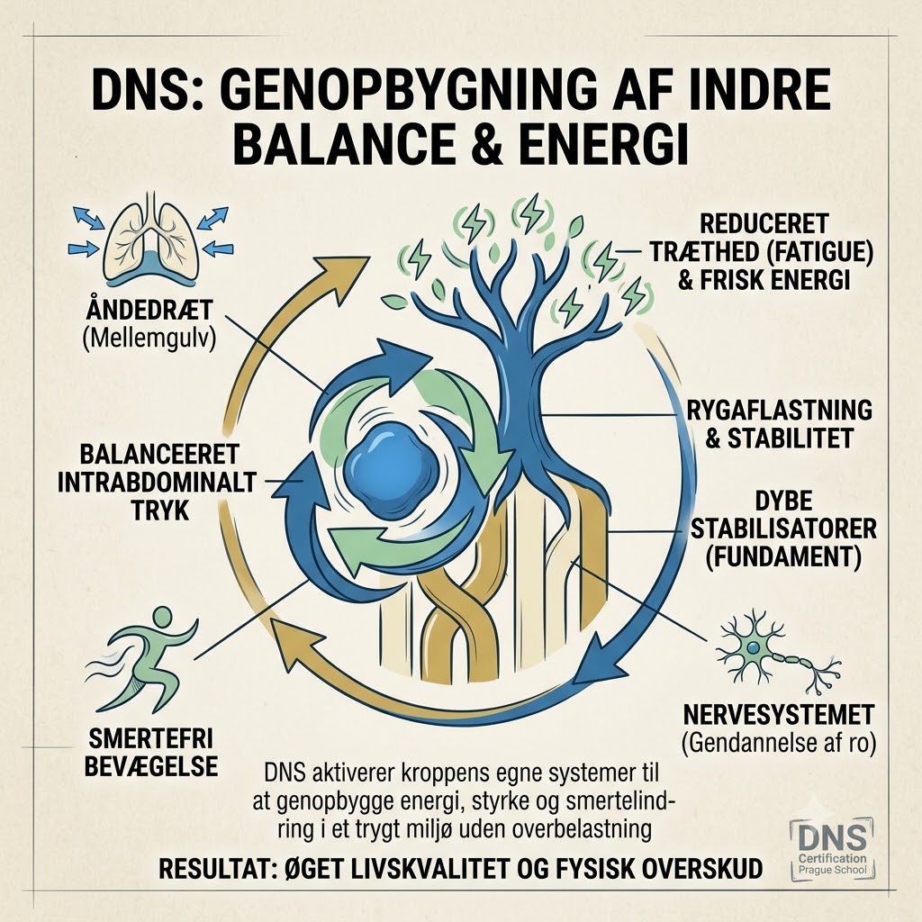 Dynamisk neuromuskulær stabilitetskontrol symboliseret ved en skitse, der forklarer forholdene ved balance i krop og energi.