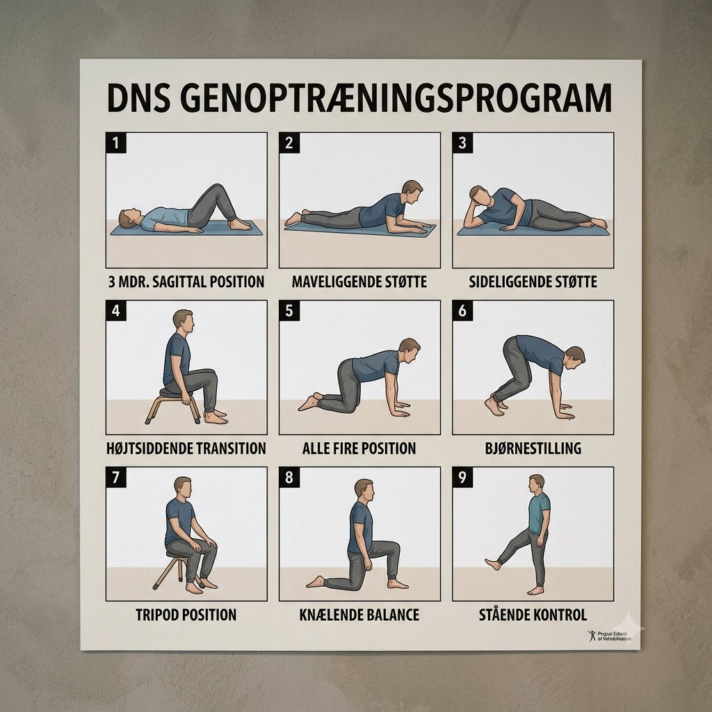 Dynamisk neuromuskulær stabilitetskontrol symboliseret ved en skitse over forskellige stilliger. ialt 9 vist.