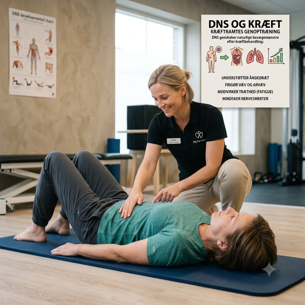 Dynamisk neuromuskulær stabilitetskontrol symboliseret ved en kvindelig behandler og en patient der ligger på en yogamåtte på gulv.