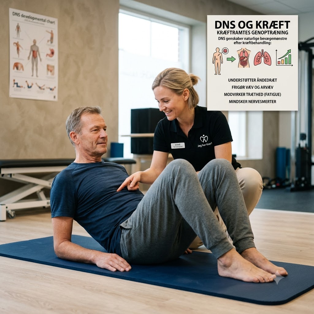 Dynamisk neuromuskulær stabilitetskontrol symboliseret ved en kvindelig behandler der sidder på knæ ved en mandlig patient, der ligger på en yoga-måtte på gulvet.