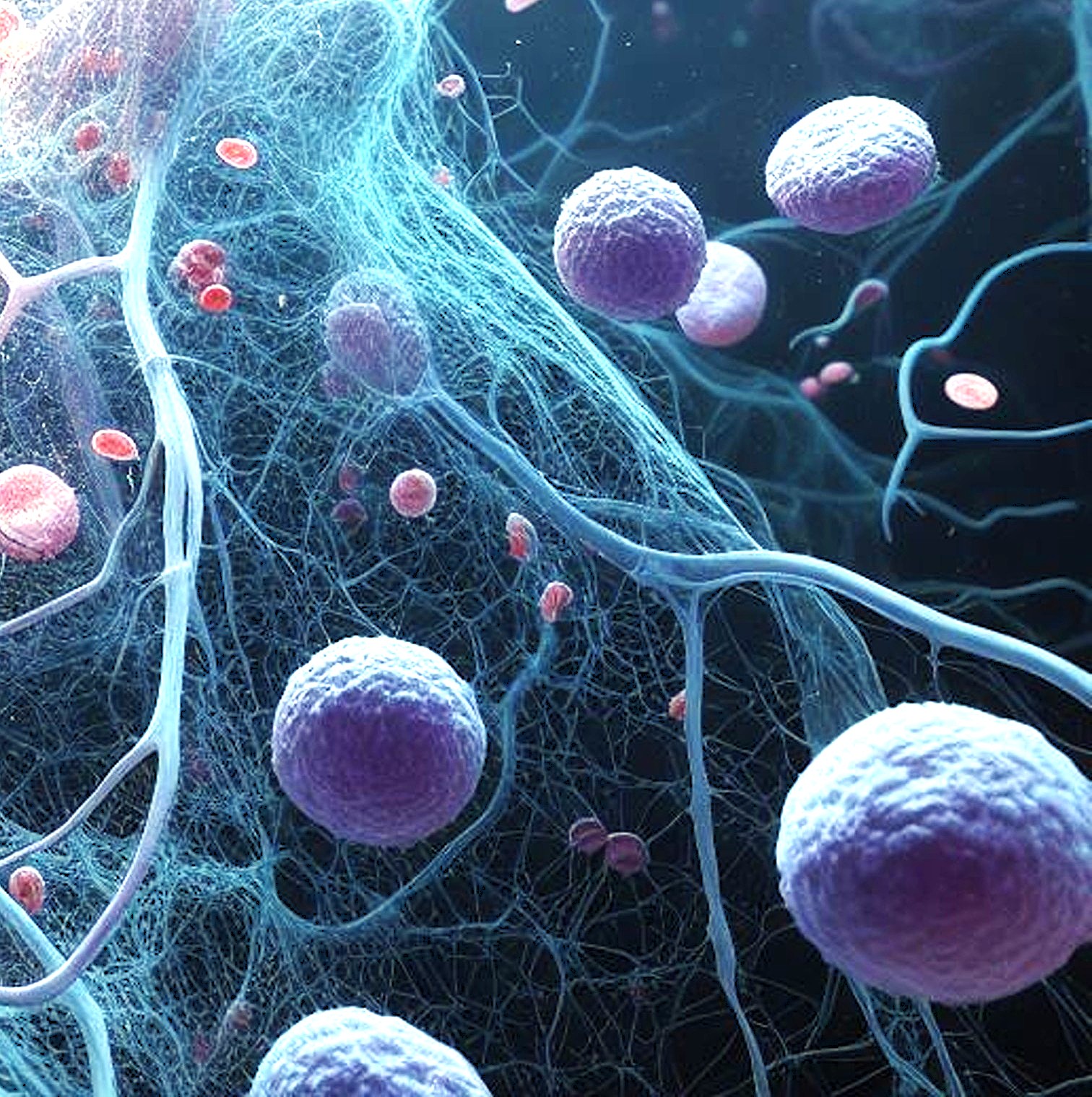 Immunforsvaret - Hvad kan jeg gøre symboliseret ved nogle celler i lilla, turkis og rosa og nogle lysende strenge imellem disse.
