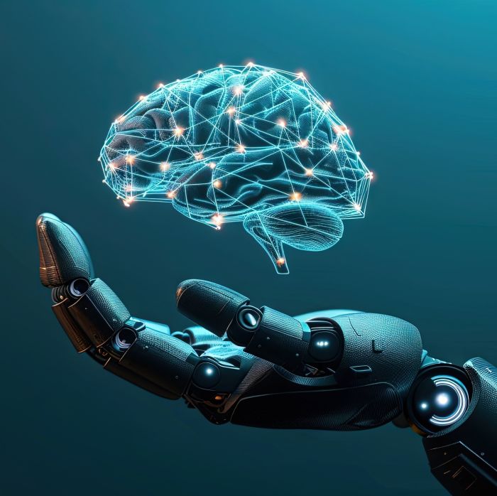 AI's sikkerhed er ikke din sikkerhed symboliseret ved en hjernemodel der bliver holdt af en robothånd.