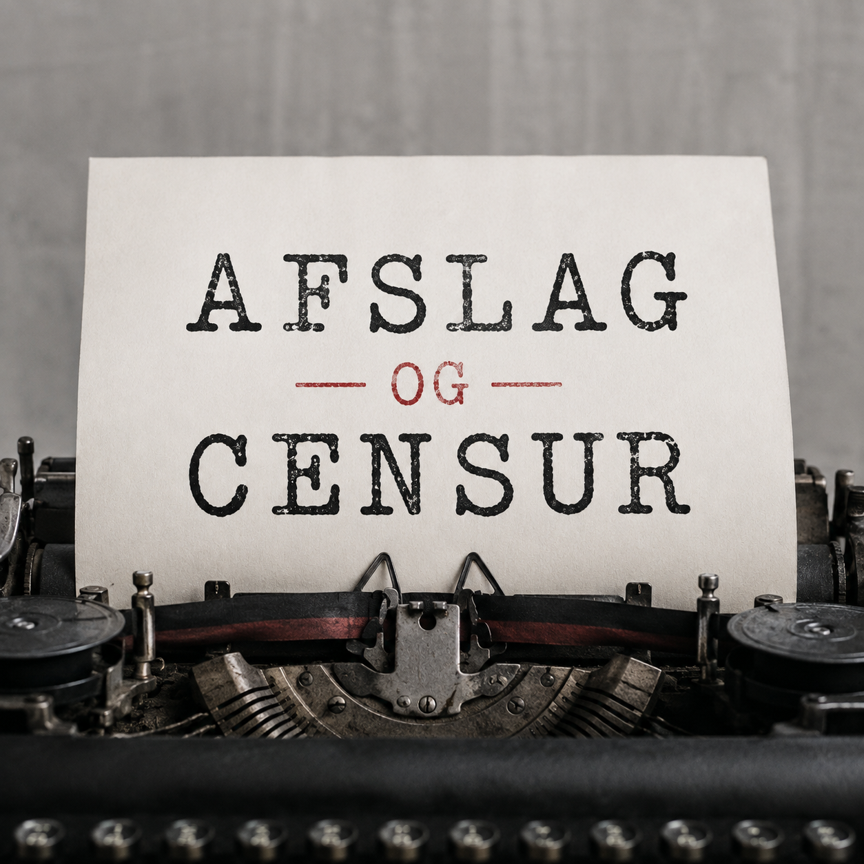 Afslag og Censur symboliseret ved de to ord skrevet på gammeldags skrivemaskine med enorme typer.
