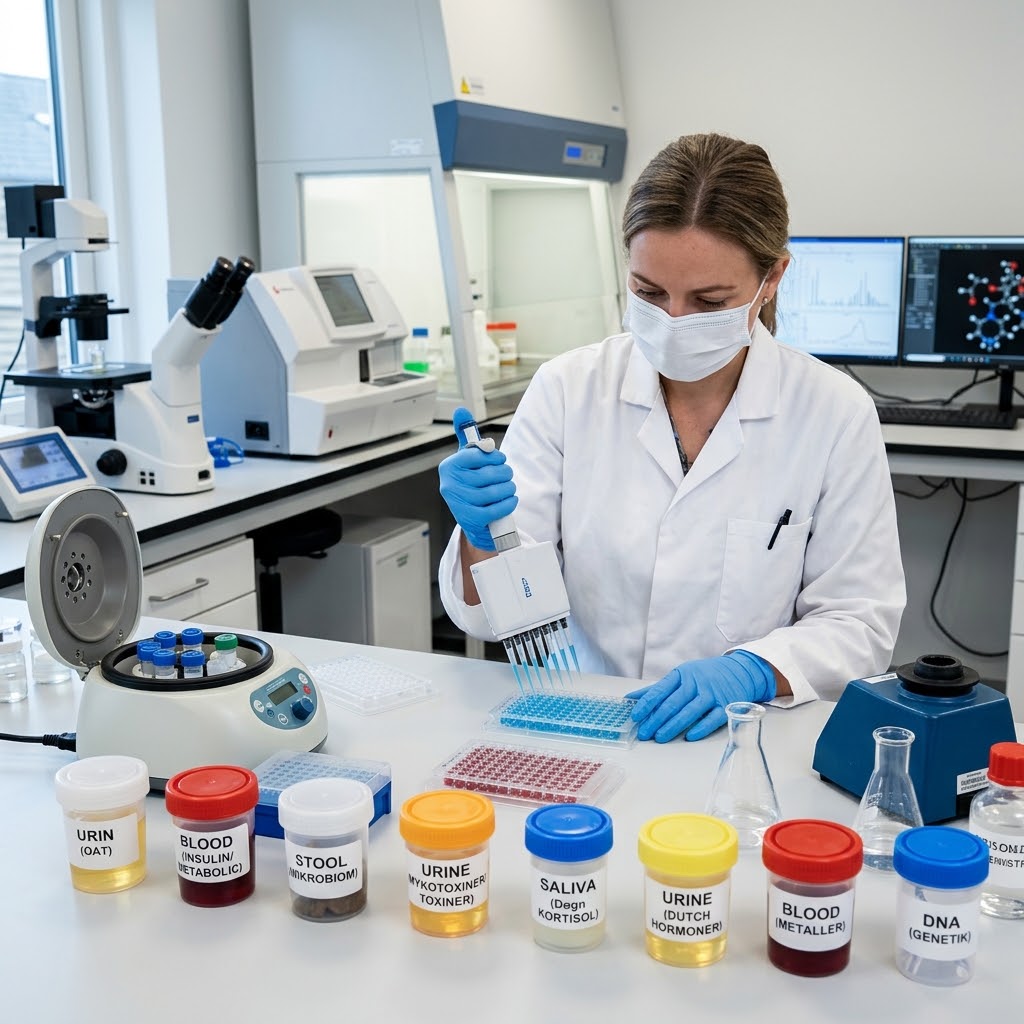 Det biologiske terræn - laboratorieanalyser symboliseret ved en laborant der sidder med forskellige farvede prøver foran sig.
