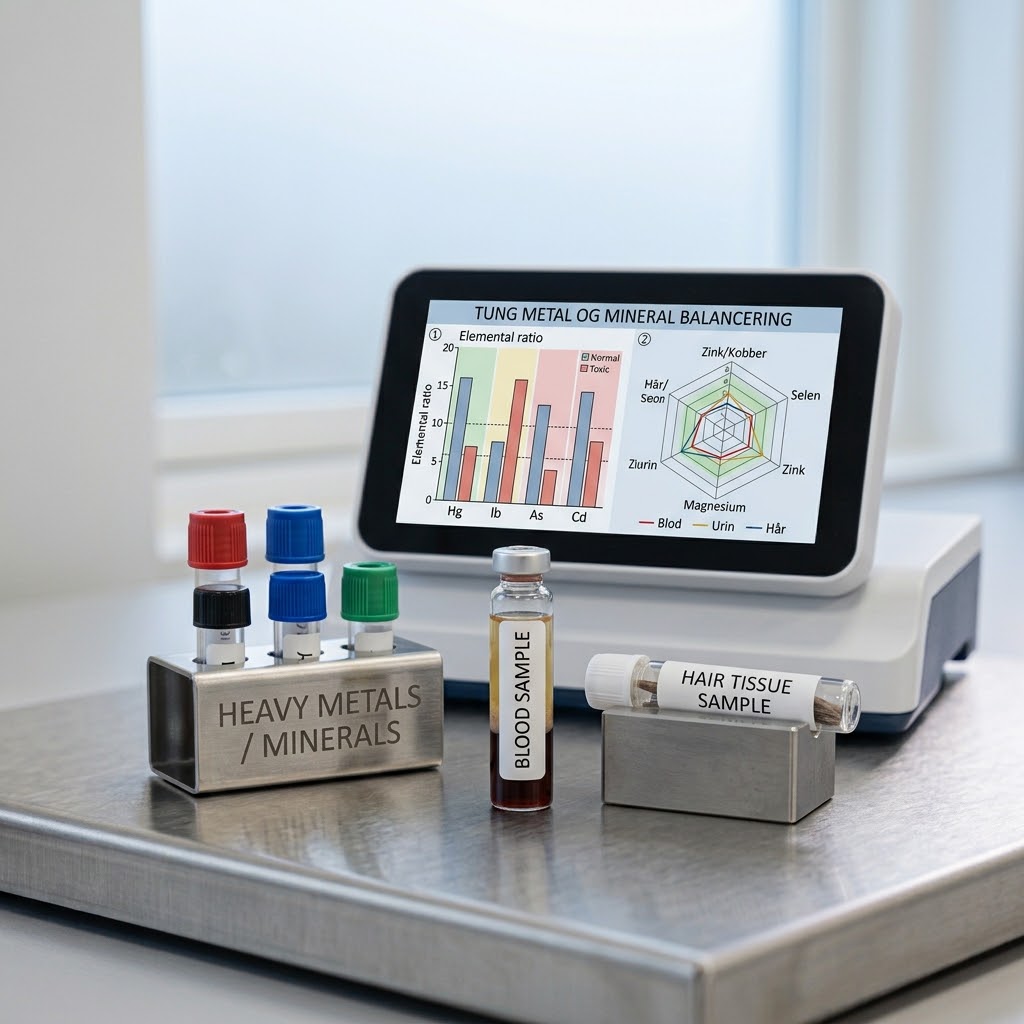Det biologiske terræn - laboratorieanalyser symboliseret ved en pc-skærm med prøveresultater og nogle forskellige typer prøver foran.