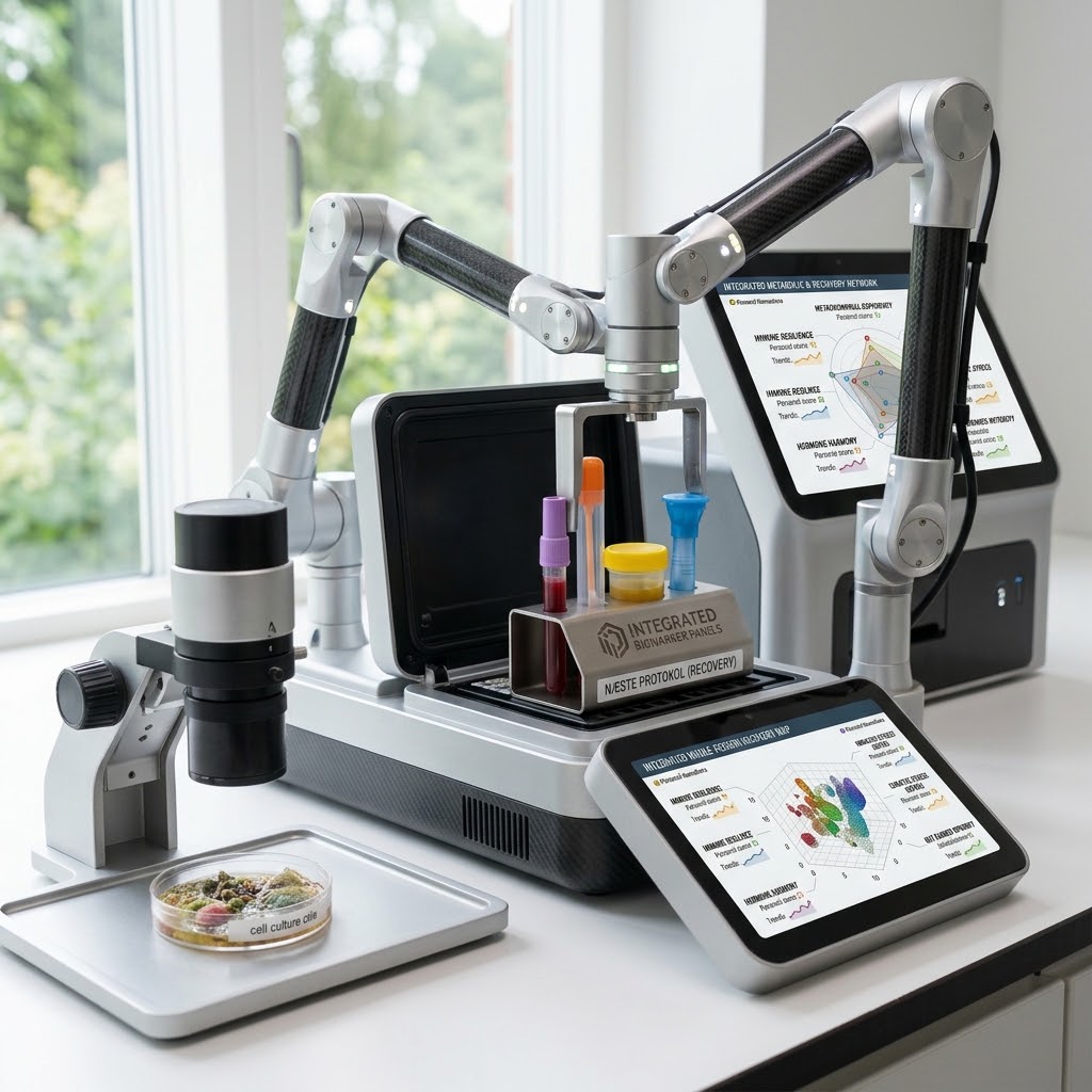 Det biologiske terræn - laboratorieanalyser symboliseret ved nogle avancerede testapparater og et par prøver i forgrunden.