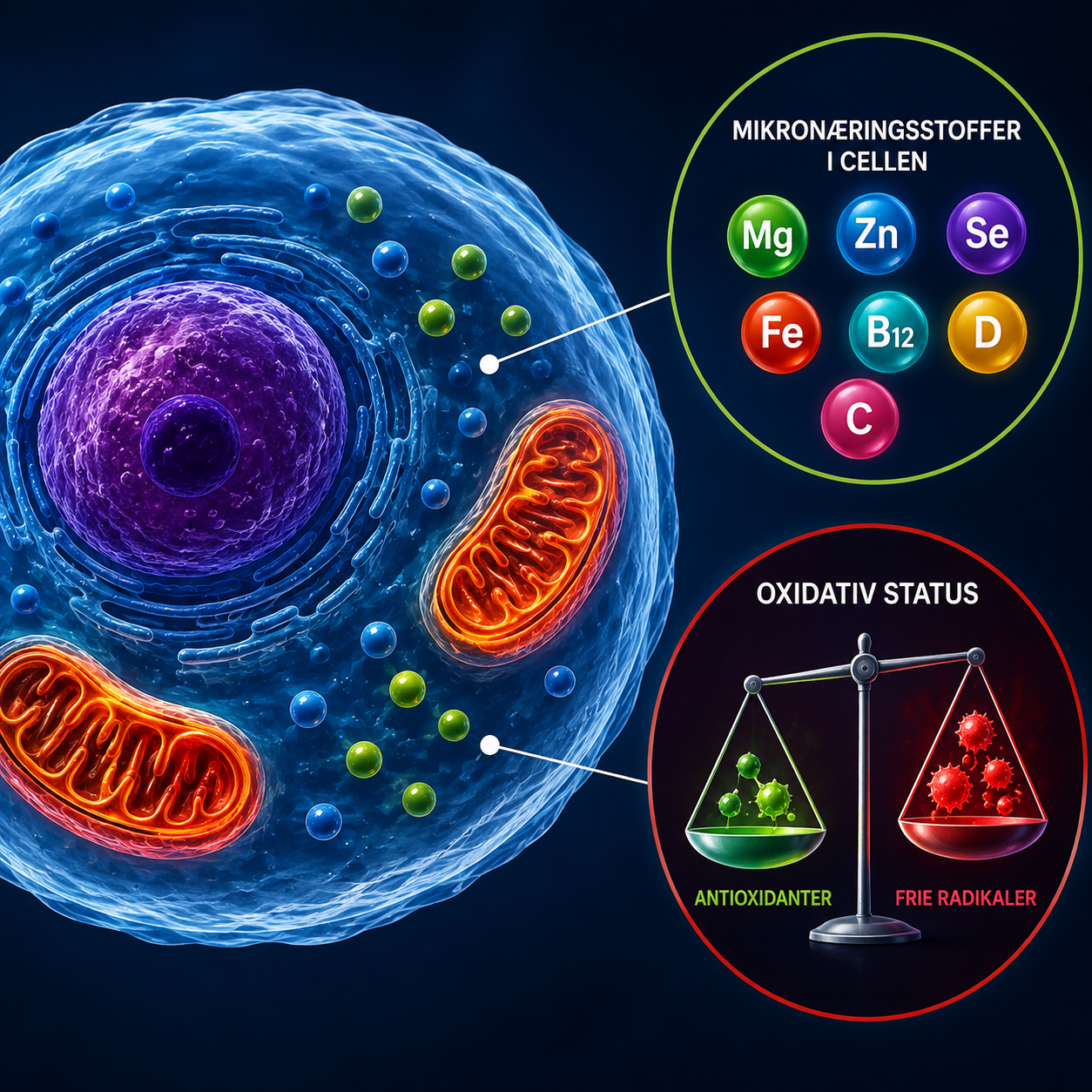 Det biologiske terræn - laboratorieanalyser symboliseret ved en celler med kerne og et skema over ligevægt.