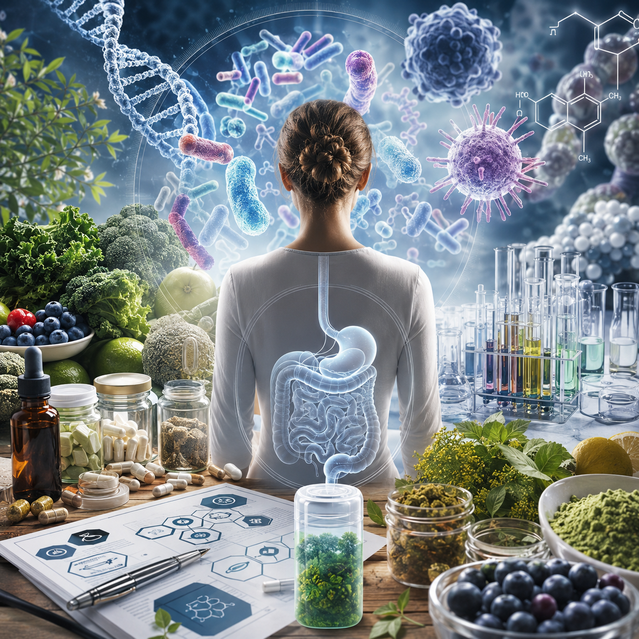 Det biologiske terræn - laboratorieanalyser symboliseret ved en kvinde der sidder med ryggen til og forskellige prøver og frugt og grønt ved siden af. Genstrenge og lyskugler i luften bagved.