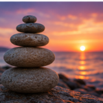 Energy enhancement system symboliseret ved nogle sten i zen-formation mod en solopgang eller nedgang over hav.
