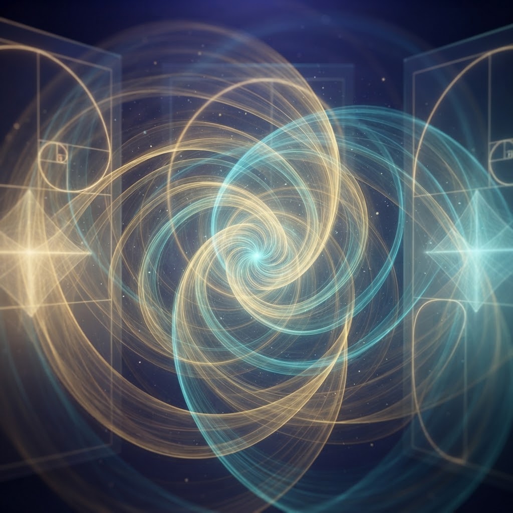 Energy enhancement system symboliseret ved nogle elipseformede lysenergier i rosa og lysblå