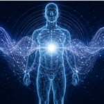 Energy enhancement system symboliseret ved et menneske tegnet i lysstreg med lysfelter omkring kroppen.