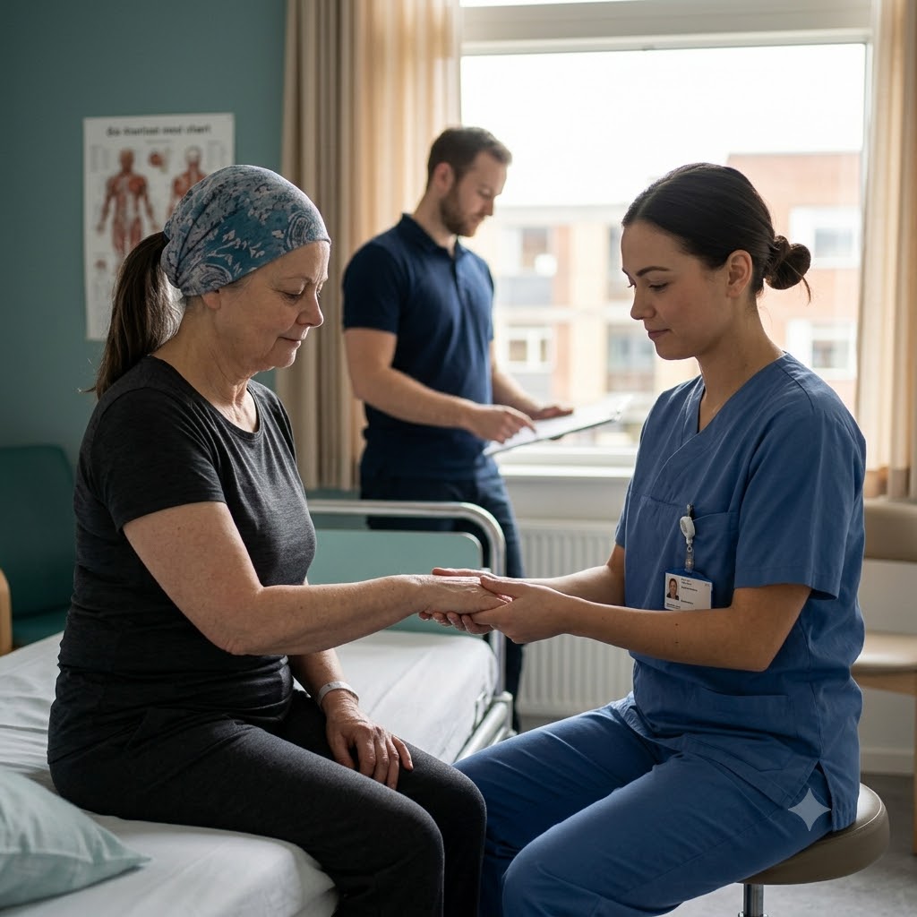 Fysioterapi symboliseret ved en der sidder på en hospitalsseng og en der sidder foran og instruerer. En mand står i baggrunden foran et vindue og læser et ark papir han holder.