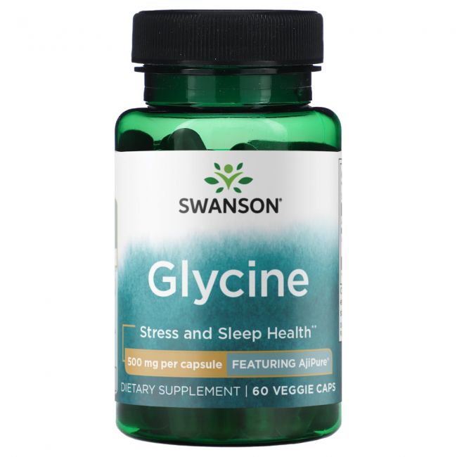 Glycin symboliseret ved et grønt pilleglas fra Swanson med påskriften Glycine.