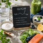 Glycin symboliseret ved nogle fødevarer - yoghurt, spinat, laks. Og en skål med hvidt pulver og en træske med samme. Samt en lille tavle med teksten Glycin.
