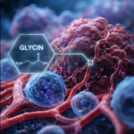 Glycin symboliseret ved en kræftcelle i rød og andre celler i blå.