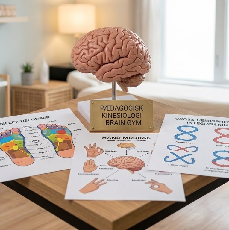 Kinesiologi symboliseret ved model af en hjerne og et par ark med billede af bl.a. zoneterapipunkter under fødder.