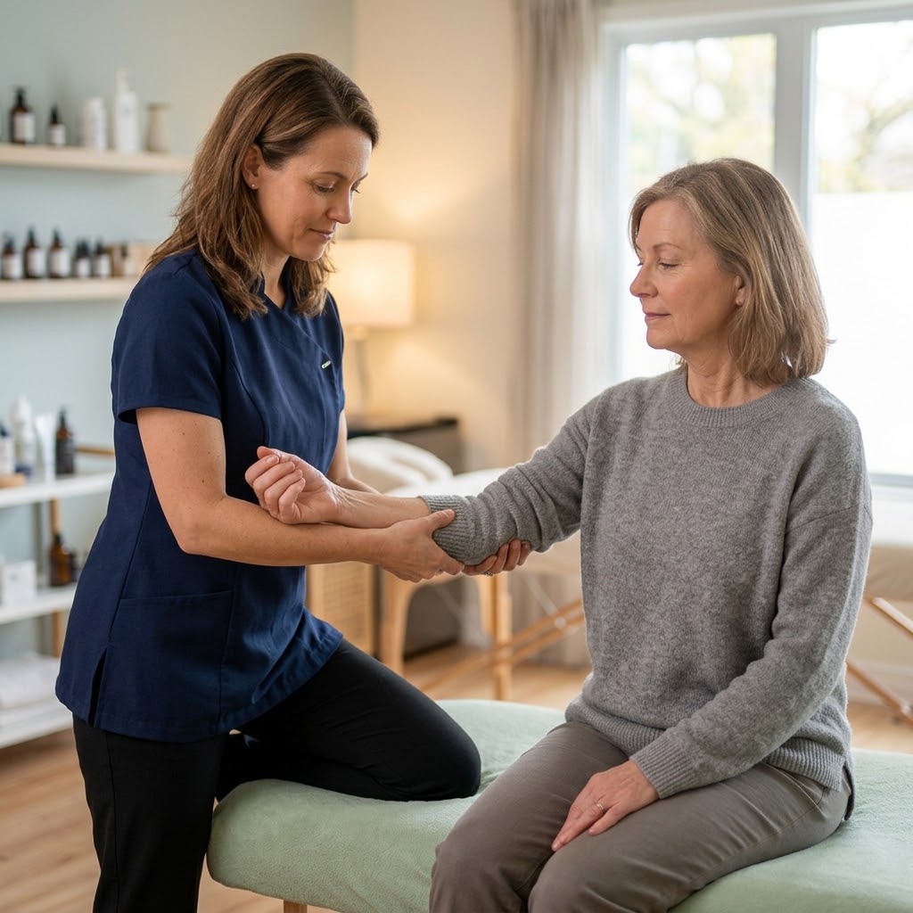 Kinesiologi symboliseret ved en kvinde der sidder i en grå sweater på en behandlerbriks og en behandler der står foran i blå kitteltop.