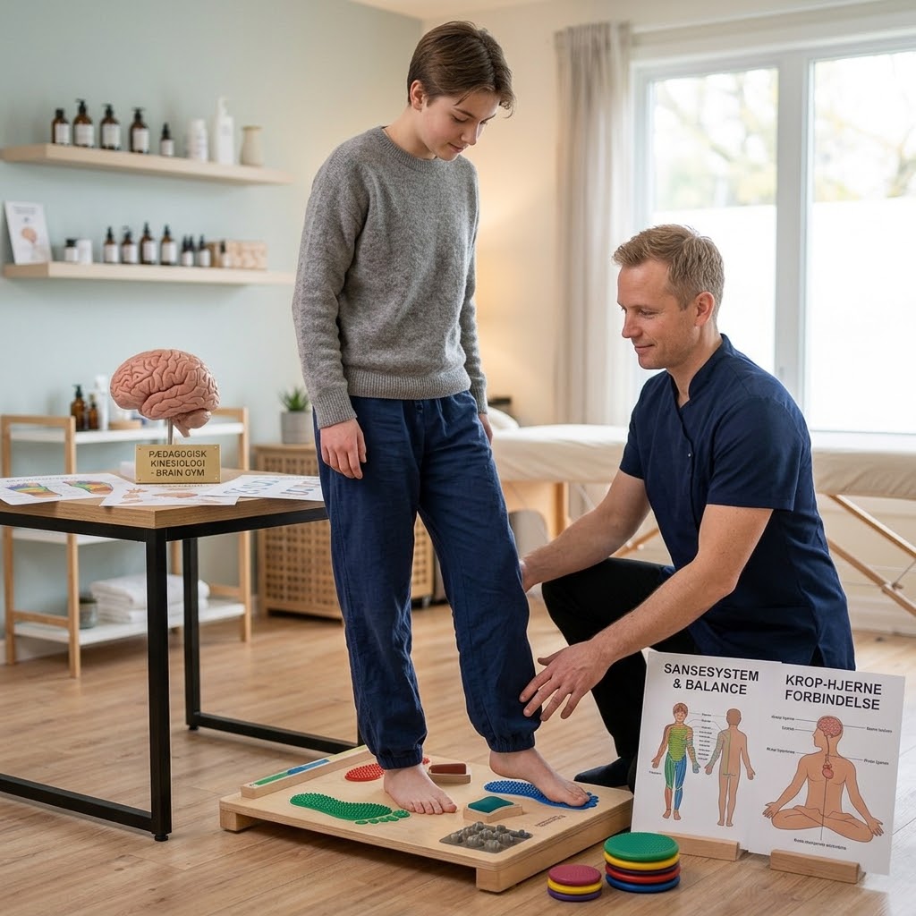 Kinesiologi symboliseret ved en behandler der sidder på knæ på gulv, hvor en dreng har fødderne placeret på en trædeplade med farver.