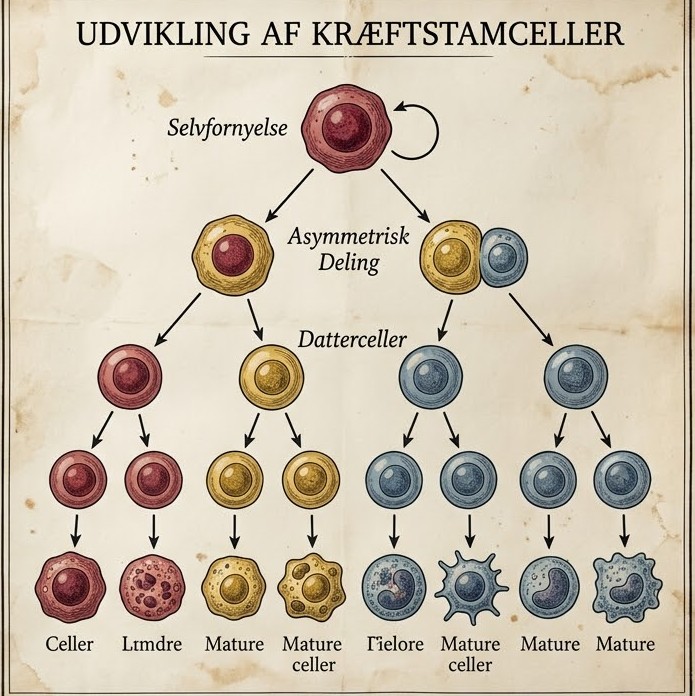 Kræftstamceller symboliseret ved en gulnet planche over celleudvikling.