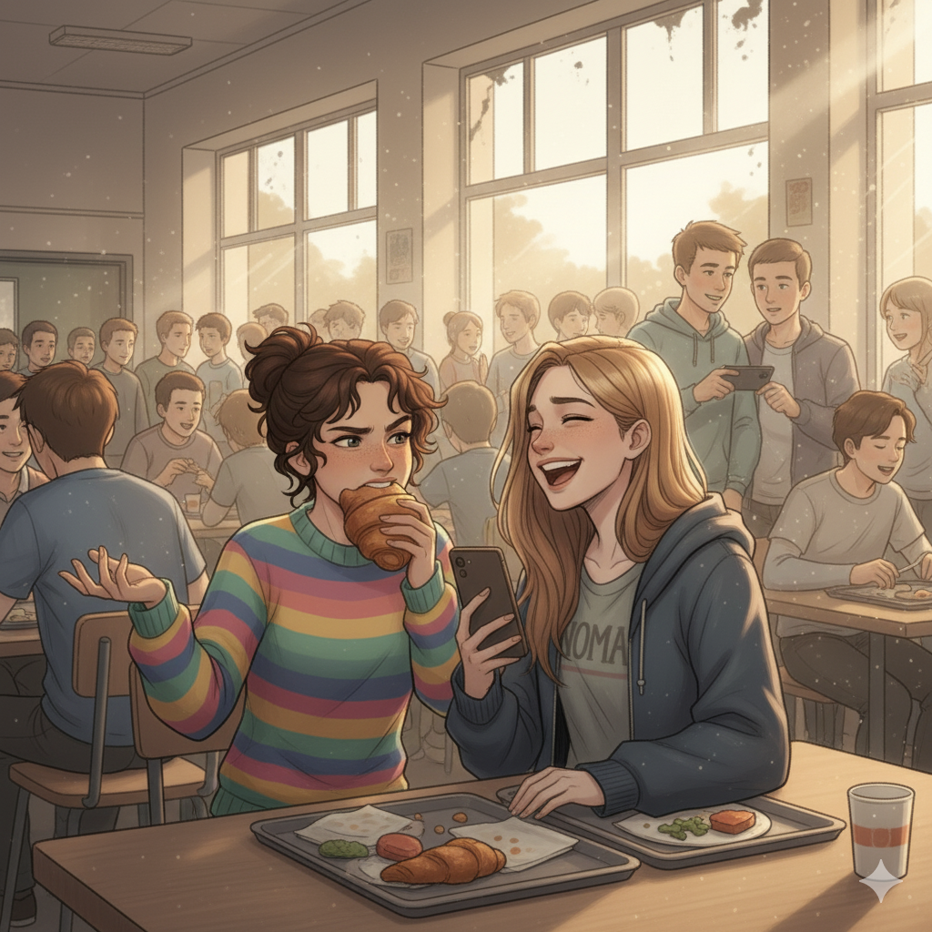 Leas far skal dø illustreret ved et billede af Lea og Maja i kantinen i skolen.