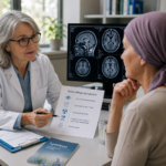 Okulært lymfom symboliseret ved en læge og en patient der taler. En pc. skærm i baggrunden.