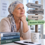 Samtale med AI om metabolisk blokering illustreret ved en kvinde med tørklæde som under kemo, der ser på vejskilte der peget mod forskellige behandlinger.