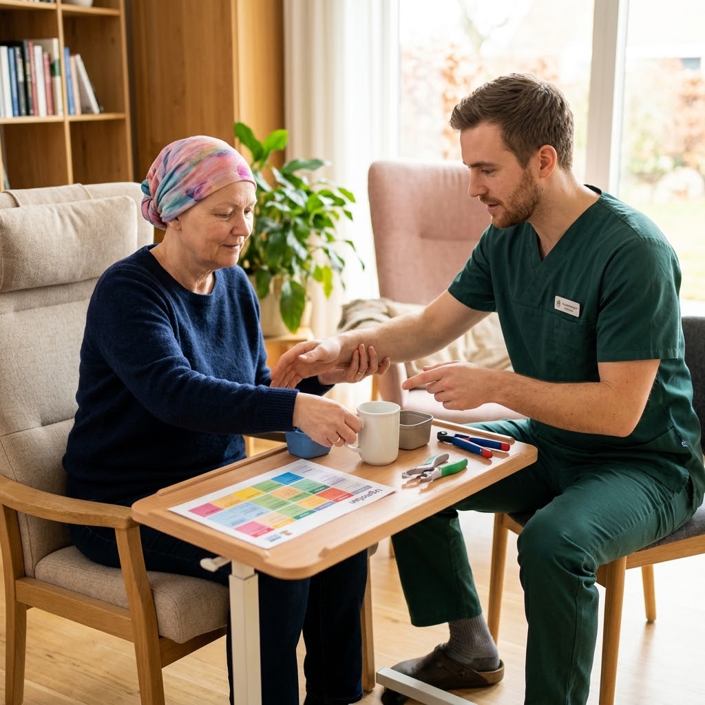 Ergoterapi symboliseret ved en kvindelig patient med turban og en mandlig behandler. De sidder ved et bord, hvor kvinden træner håndbevægelser.
